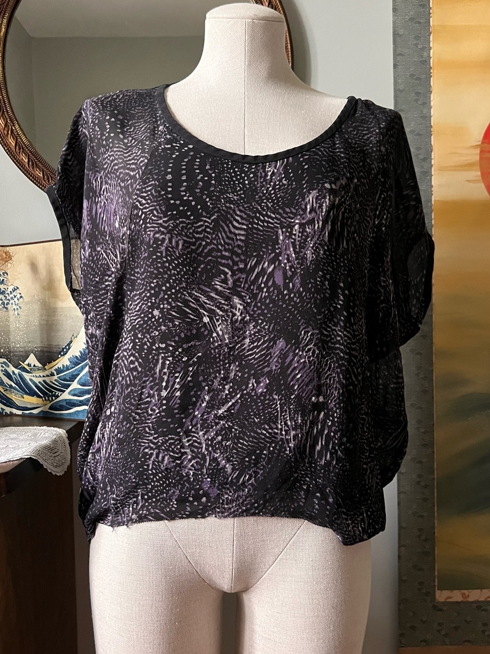 Babaton silk sheer Black and Lavender Patterned Women’s Blouse